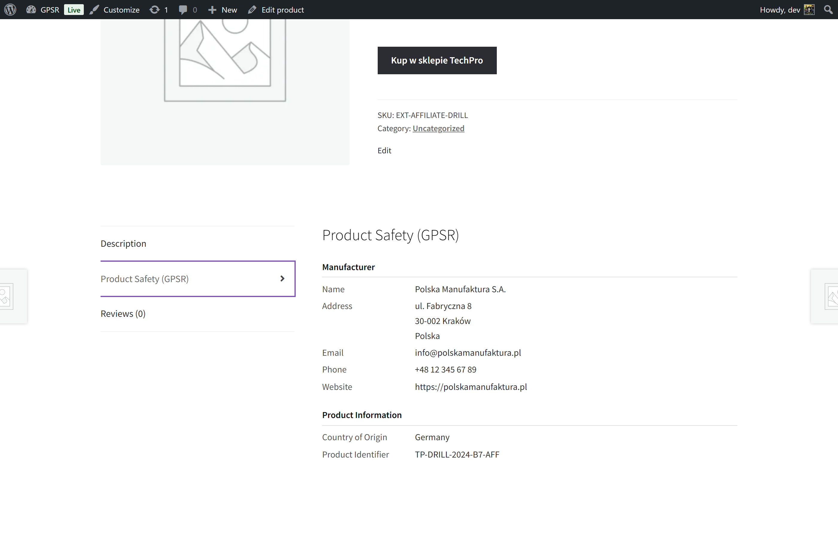 Frontend product tab showing GPSR compliance data