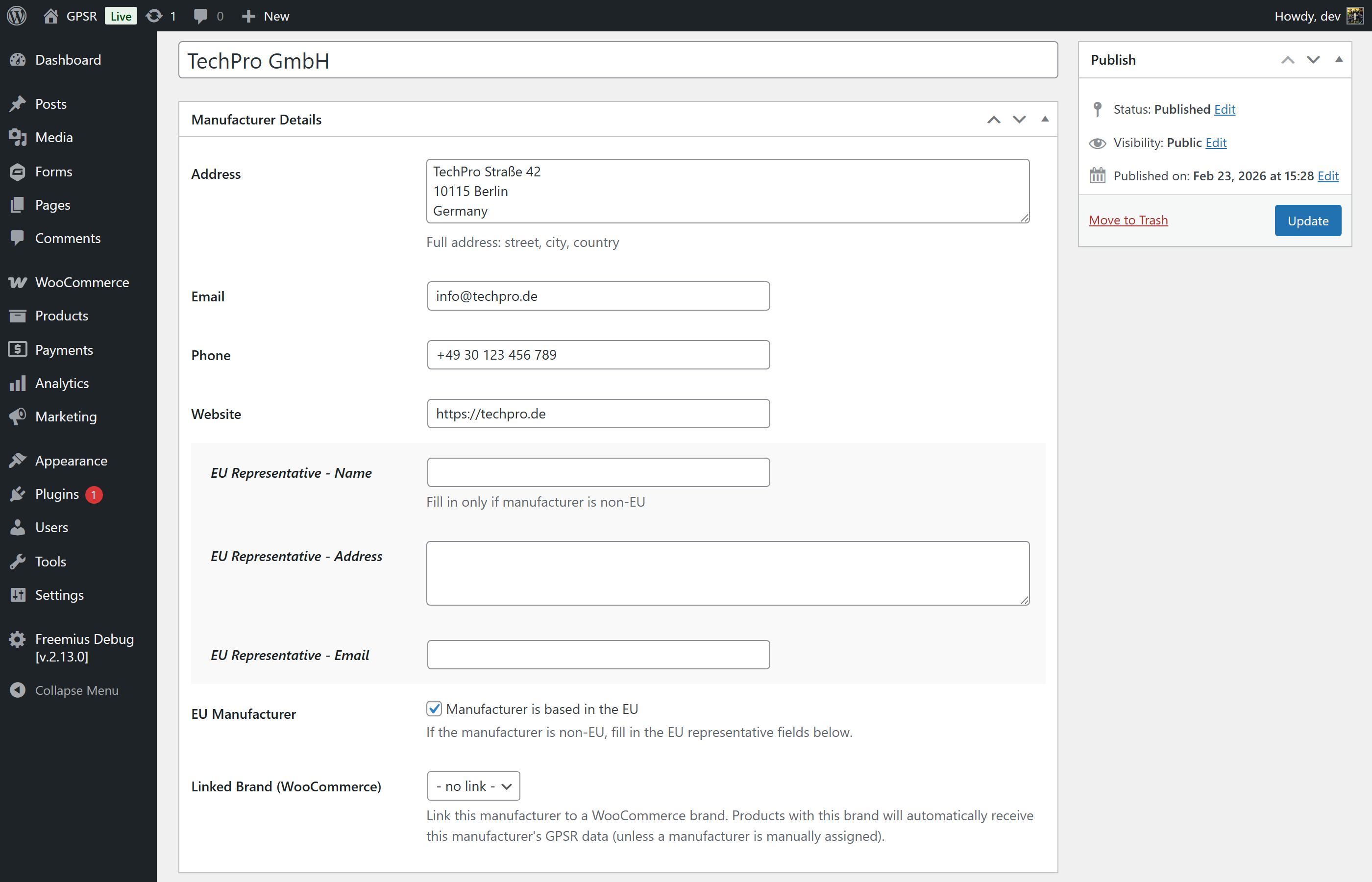 Manufacturer management with EU representative fields