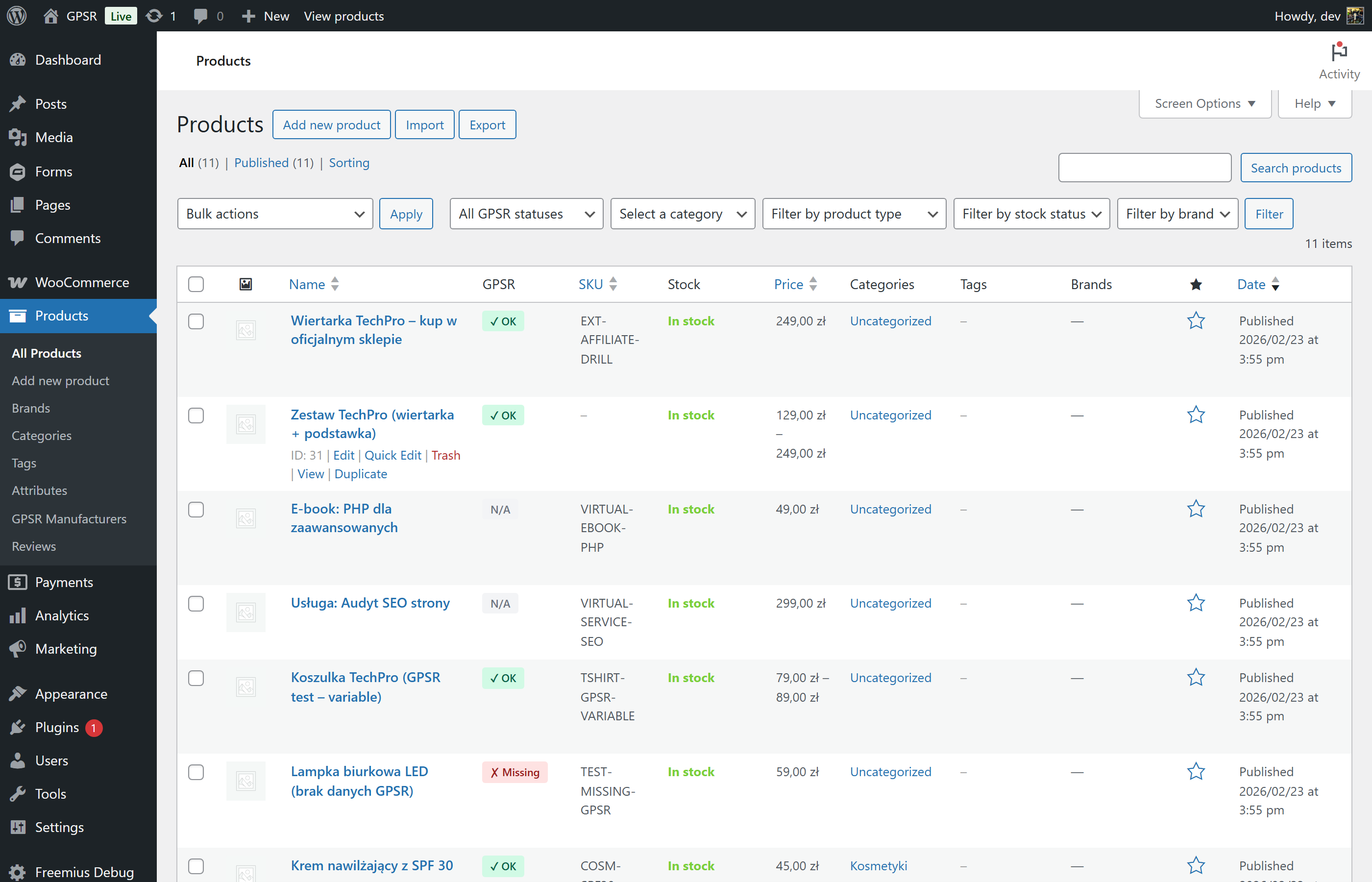 GPSR compliance status column in product list