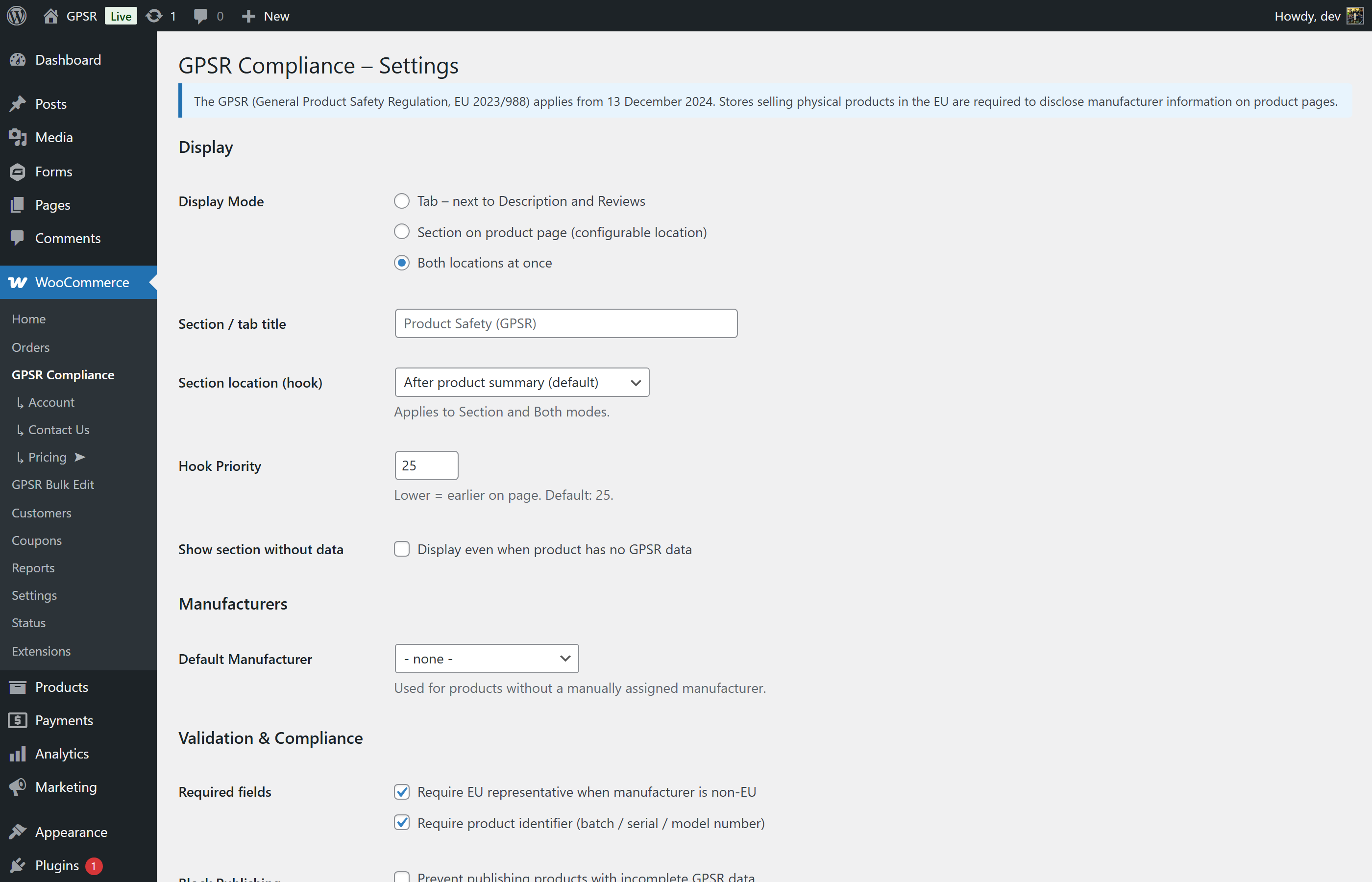 Plugin settings -display mode, validation, enforcement